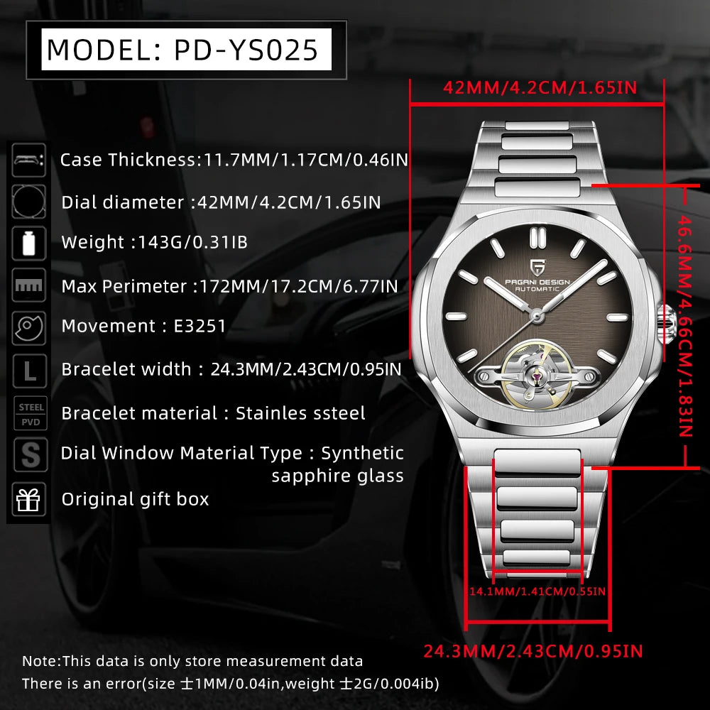 PAGANI DESIGN Tourbillon Men's Watches Mechanical Wristwatches Luxury Automatic Watch Man Luminous AR Sapphire Mirror Men Gift