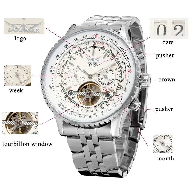 Jaragar 034 Top Brand Retro Blue Automatic Multifunctional Watch Stainless Steel Date Tourbillon Hollow Skeleton Watch Men Watch