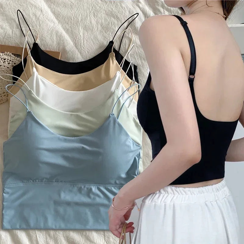 Women Summer Vest Tops Sleeveless Cotton Bustier with Pads Soft Elastic Wear-resistant Vest Crop Top Seamless Bralette Tees