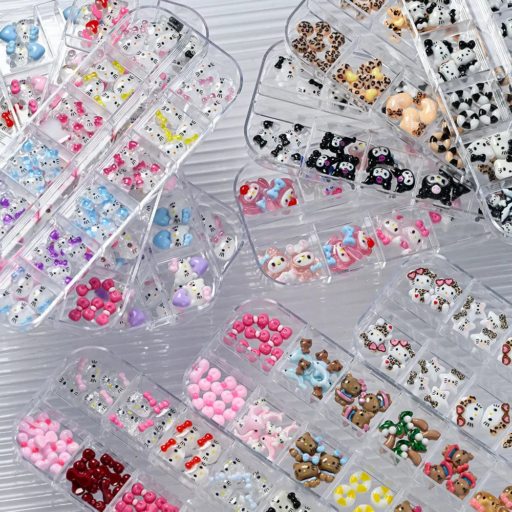 12Grids Summer Black Skin Hello Kitty Nail Charms 3D Pink Bows Hello Kitty Nail Art Rhinestone Cute Cartoon DIY Nail Accessories
