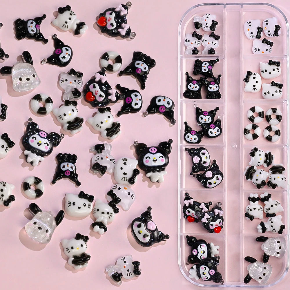 12Grids Summer Black Skin Hello Kitty Nail Charms 3D Pink Bows Hello Kitty Nail Art Rhinestone Cute Cartoon DIY Nail Accessories