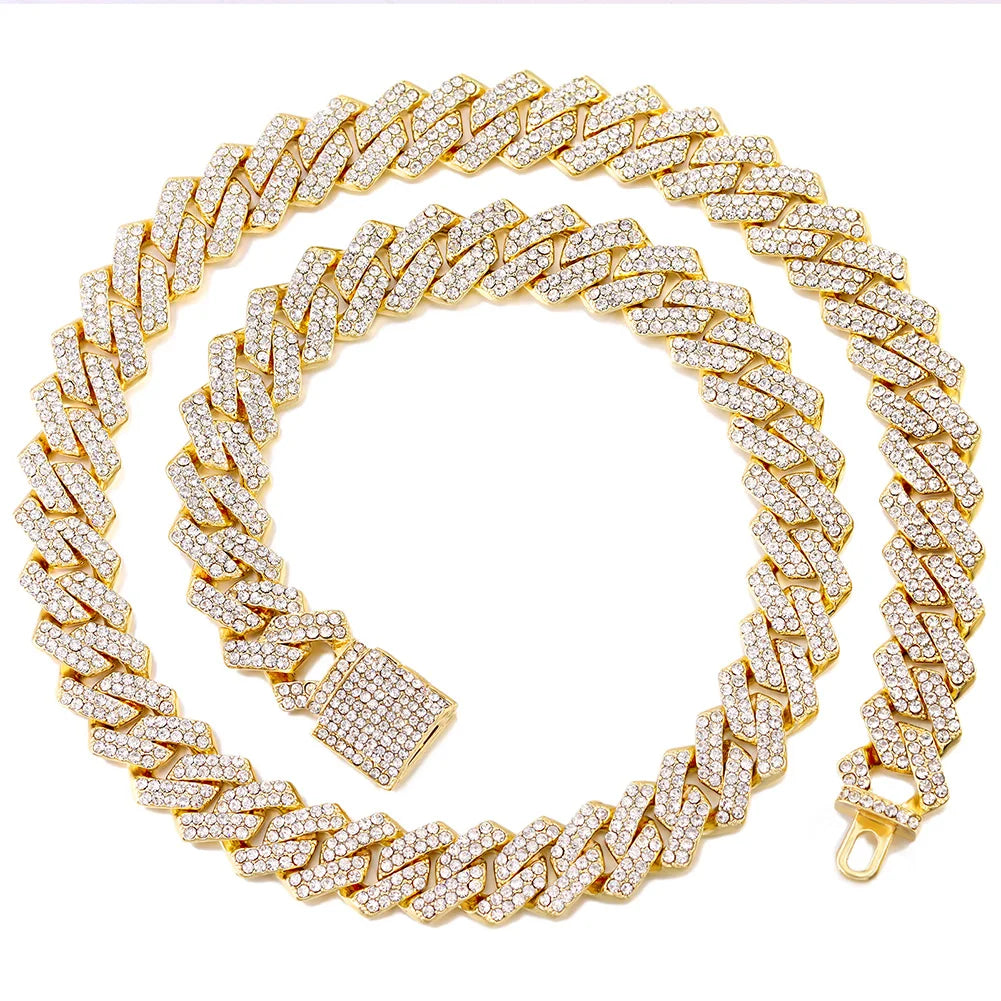 Iced Out Cuban Link Chain 14MM Prong Rhombus Diamond Cuban Chain Hip Hop Choker Necklaces Women Men Jewelry Wholesale