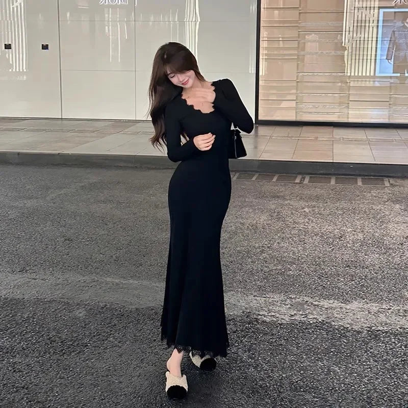 Black Lace Splice Bodycon Long Sleeve V-neck Princess Style Fish Tail Dress Women's Autumn Winter New Waist-cinching Gown