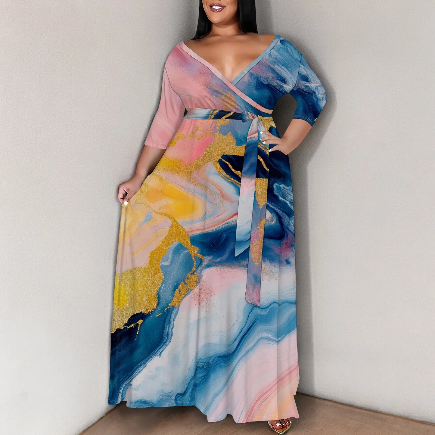 Women's Plus Size Maxi Dress Print 3/4 Sleeves V Neck Party Sundress Wedding Guest Dresses