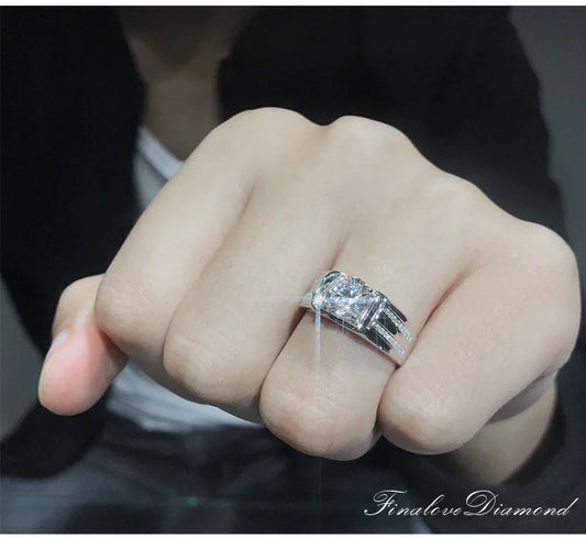 高級ソリッド925スターリングシルバーラウンドダイヤモンドリングメンズクラシックウェディングセレモニーリングまばゆいばかりの男性アクセサリージュエリーホット