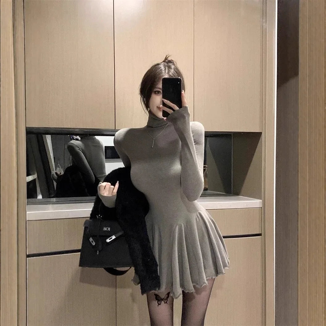 Slimming High Collar Long Sleeve Women's Dress Empire Waist Mini Skirt Base Layer Skirt Puffy Dress Fashionable Autumn New Arriv
