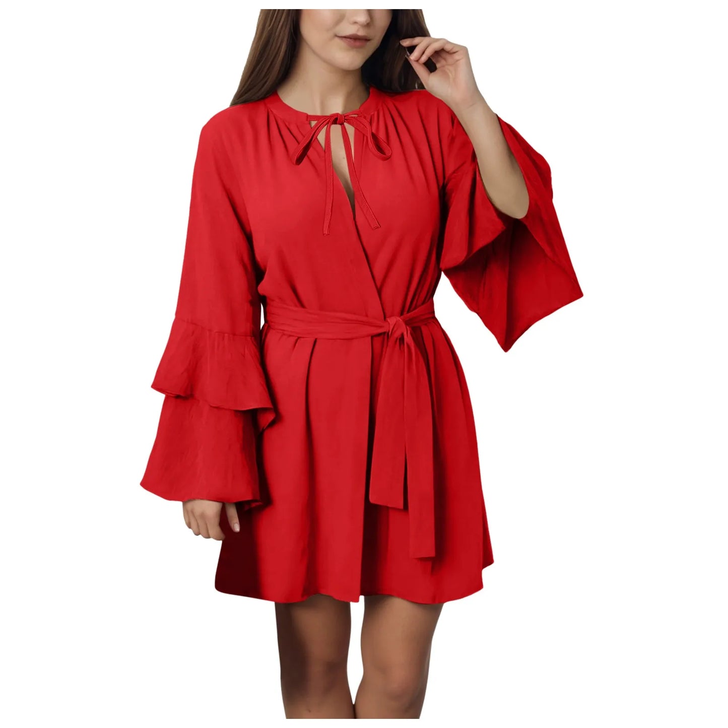 Summer Ruffle Long Sleeve Short Dress For Women Solid Casual V Neck Tie Belt Irregular Mini Dress Lace Up Tiered Beach Dresses