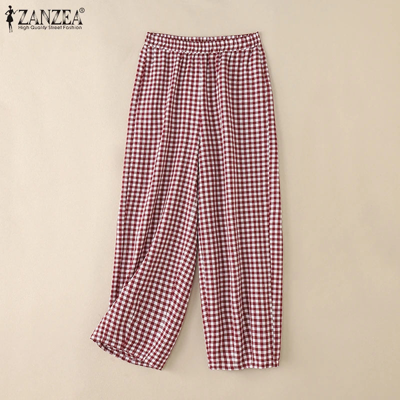 ZANZEA 2025 Plaid Pants Women Fashion Lantern Pants Casual Loose Long Trouser Summer Pockets Elastic Waist Bottoms Oversized