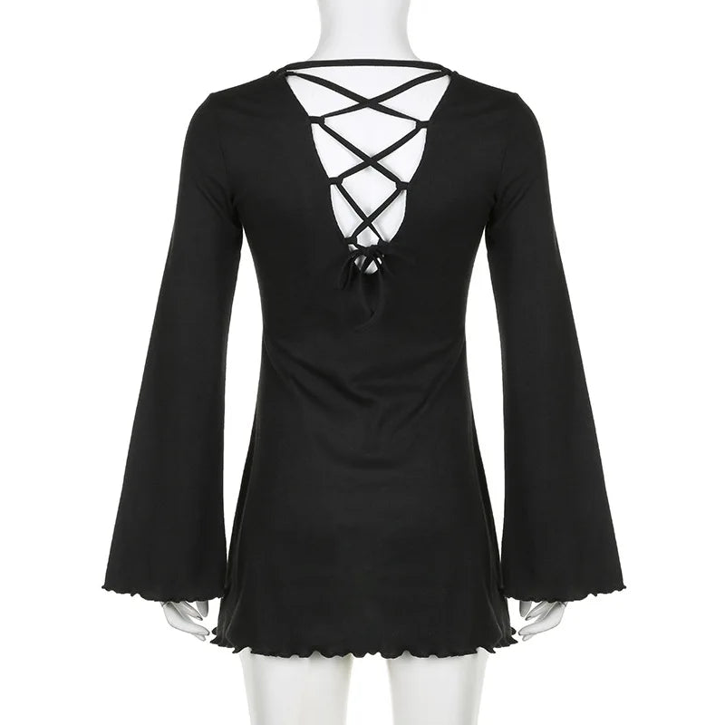 BKLD Black Dress Solid Color Knitted Round Neck Flare Long Sleeve Slim Fit A-Line Lace-Up Open Back Short Dresses For Women