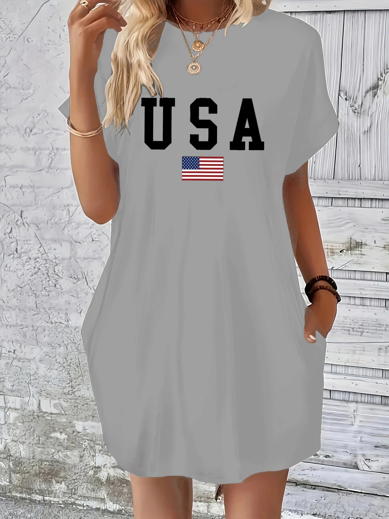 Women's summer loose classic USA flag print round neck short sleeved pocket comfortable casual dress