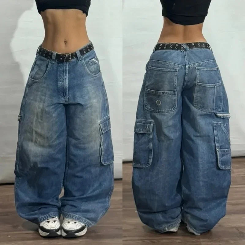 Y2K Fashion New Letters Embroidered Washed Baggy Jean Women Gothic Harajuku Vintage Hip Hop Pop Casual High Waist Wide Leg Pants