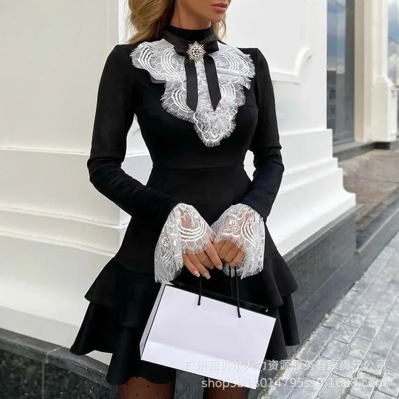 Women Lace Long Sleeve High Waist Mini Dress Summer Fashion Solid Color Dress A Line