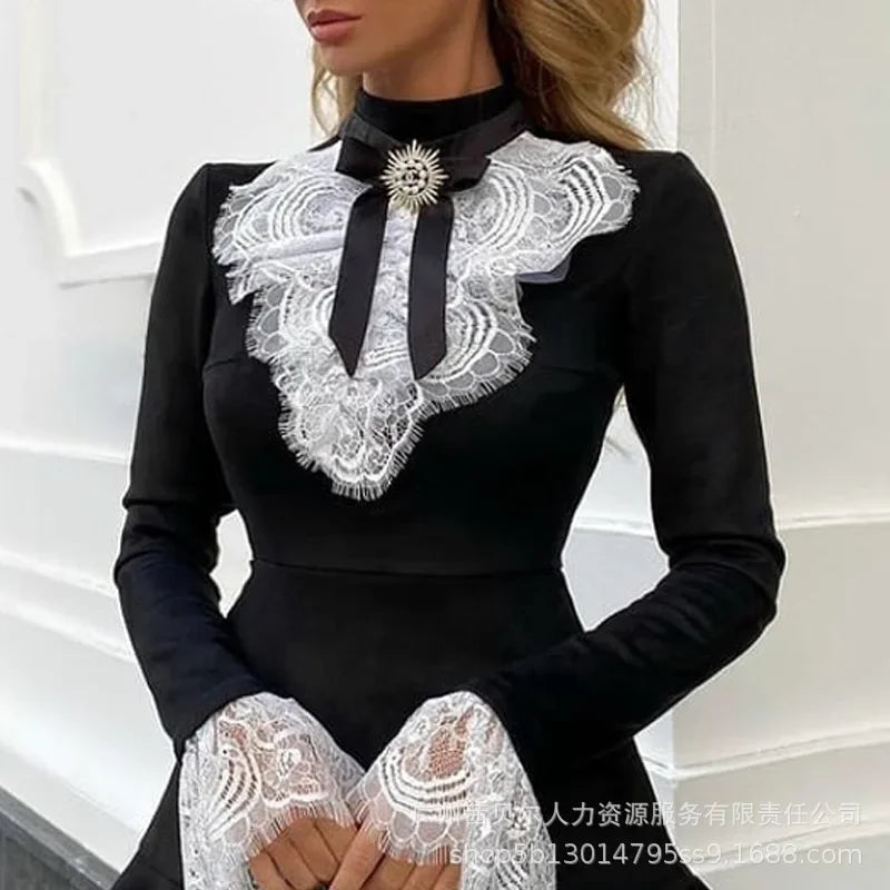 Women Lace Long Sleeve High Waist Mini Dress Summer Fashion Solid Color Dress A Line