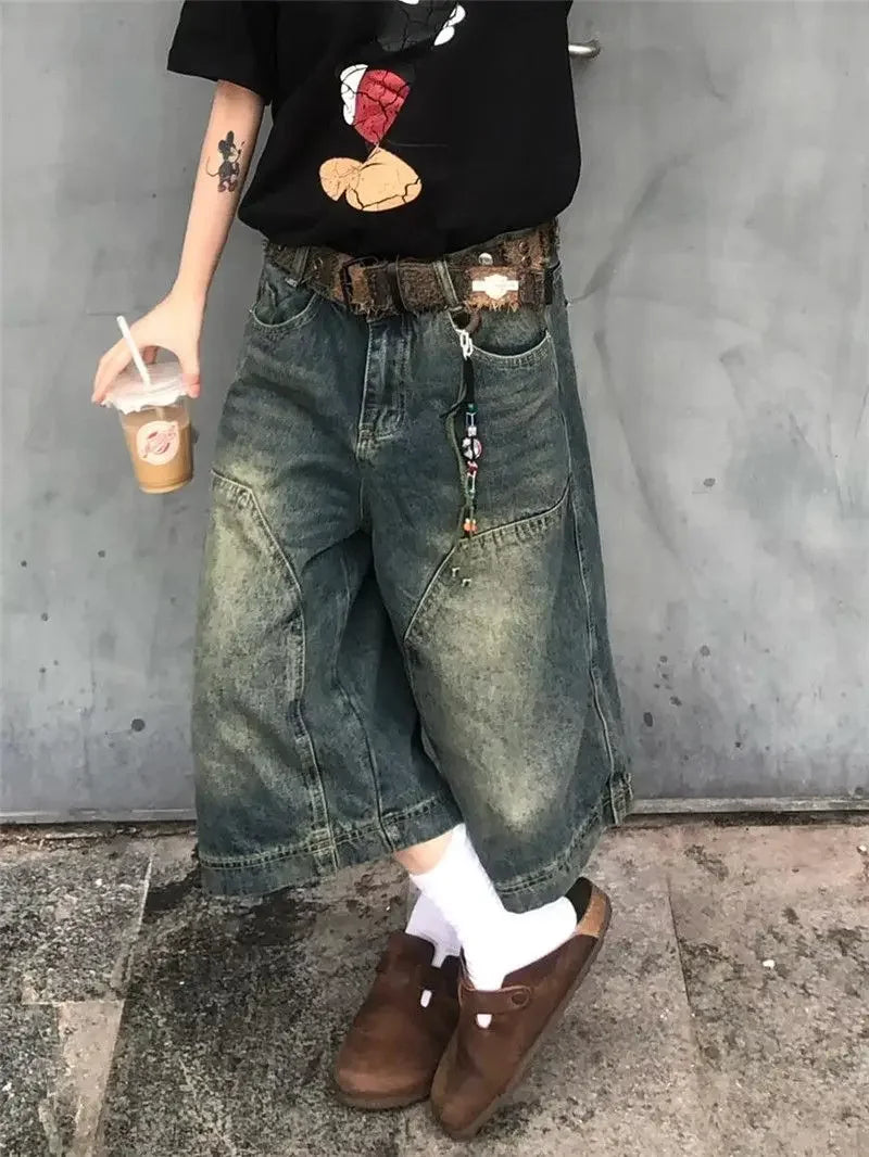 Y2K Harajuku High Street Calf-Length Pants High Waist Street Style Baggy Jean For Women Casual Loose Fit Blue Denim Shorts