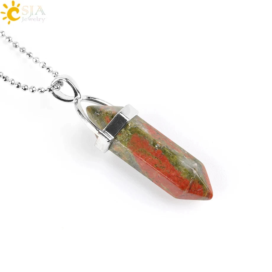 CSJA Hexagonal Bullet Crystal Necklaces Natural Gem Stone Quartz Necklace Pendant Chakra Amethysts Pink Quartz Lapis Lazuli G957