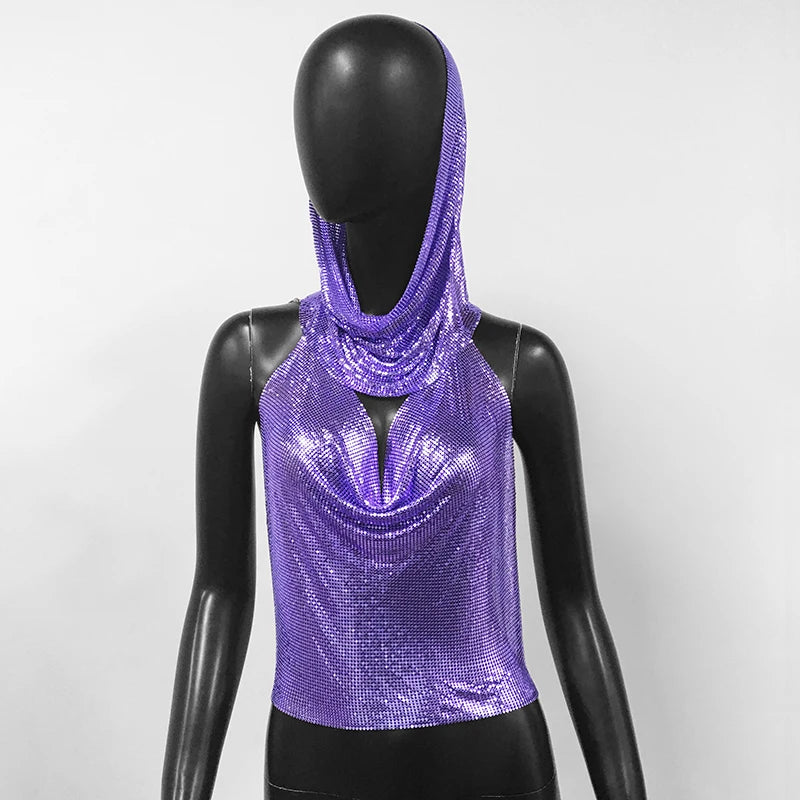 Women Metal Sequins Tank Top With Turban 2 Piece Sexy V Neck Backless Suspender Top Rave Festival Party Nightclub Camisole