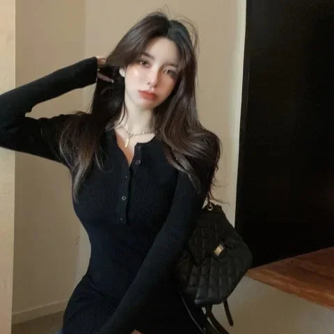 Slim Fit Long Sleeve Knitted Mini Dress Underwear Black Lace Girl Early Autumn New Style Base Layer Knit Dress Short Skirt