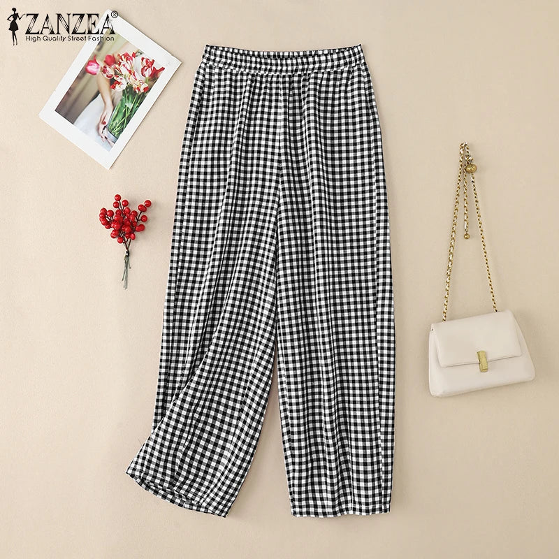 ZANZEA 2025 Plaid Pants Women Fashion Lantern Pants Casual Loose Long Trouser Summer Pockets Elastic Waist Bottoms Oversized