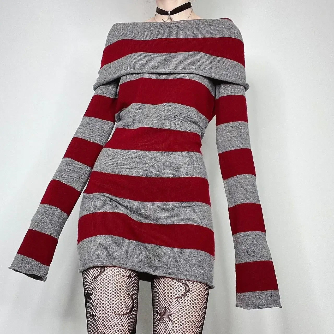 Women Autumn Off Shoulder Mini Sweater Dress Knit Bodycon Long Sleeve Off Shoulder Short Dress Y2k Ribbed Pullover Tunic Dress