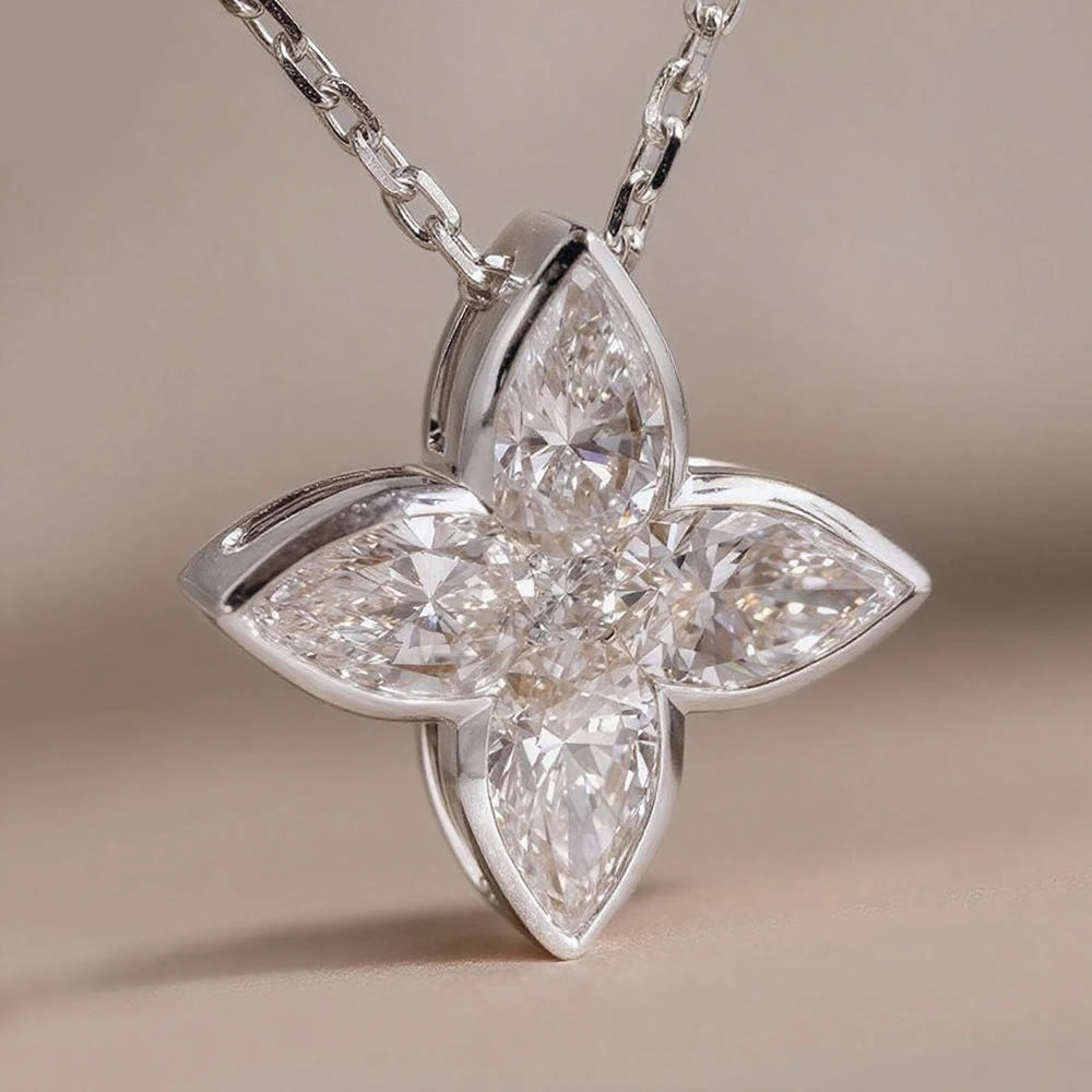 Bezel Set Full Moissanite Flower Pendant Necklace for Women Sparkling Pear Cut Diamond Pendant S925 Silver Wedding Party Jewelry