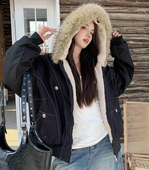 ZAROY レディース&メンズ 冬用ジャケット Y2K ストリートウェア ファーカラー フード付き カジュアル ルーズコート 暖かい 原宿系 パーカー ゴシック パーカー куртк