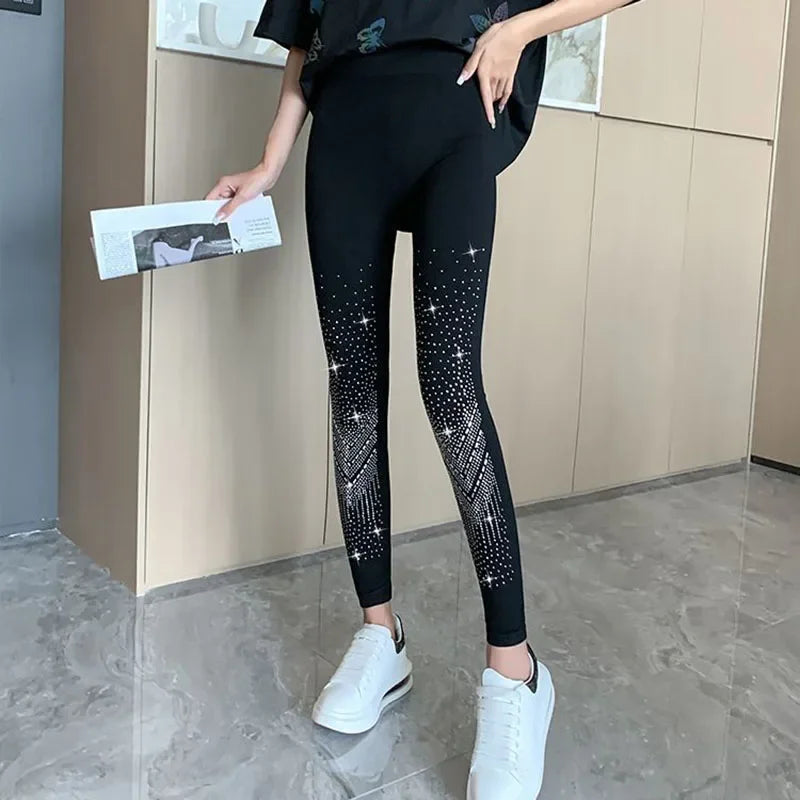 Xpqbb Black Stretch Rhinestone Skinny Leggings Women Autumn Winter Thick Velvet Ankle-Length Pants Tide Elasticit Shinny Legging