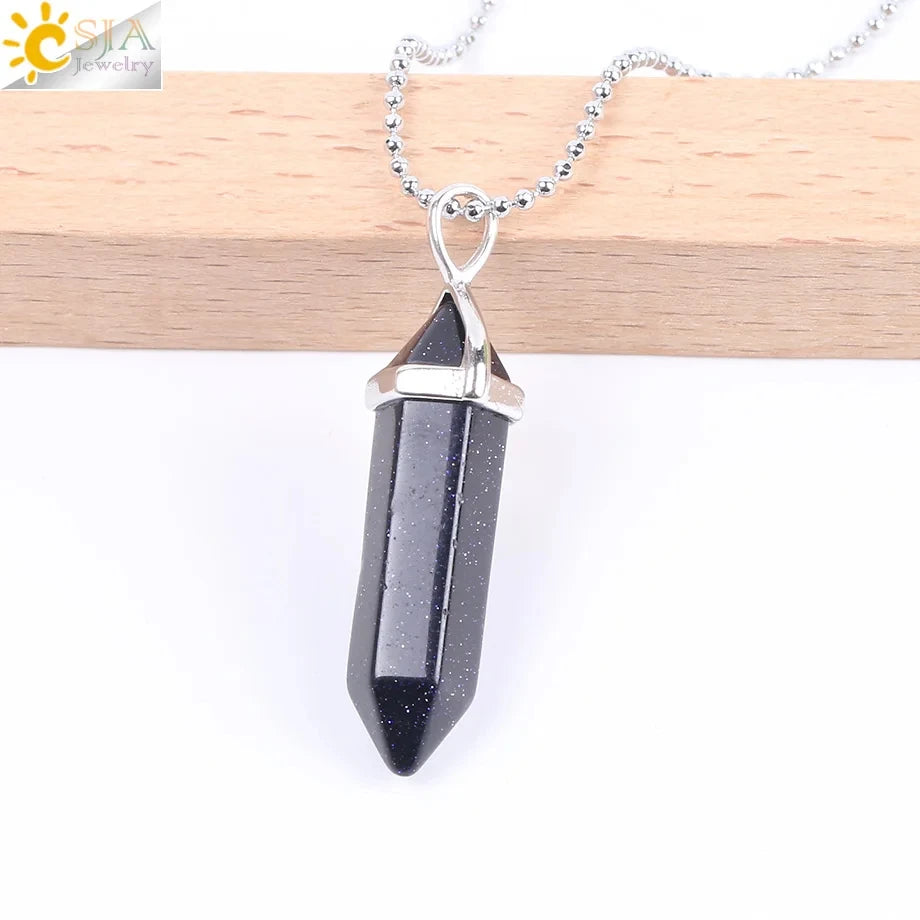CSJA Hexagonal Bullet Crystal Necklaces Natural Gem Stone Quartz Necklace Pendant Chakra Amethysts Pink Quartz Lapis Lazuli G957