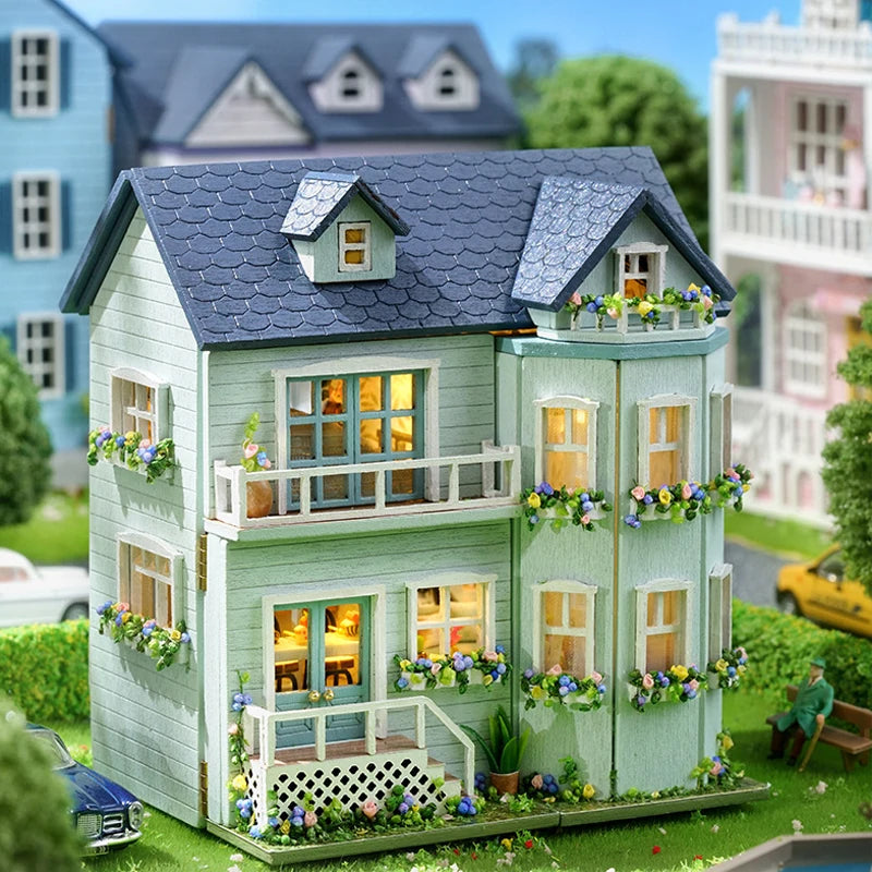 Diy Mini Wooden Dollhouse With Furniture Light Doll House Casa Assembly Model Pink Princess Villa Architecture Kit Toys Birthday