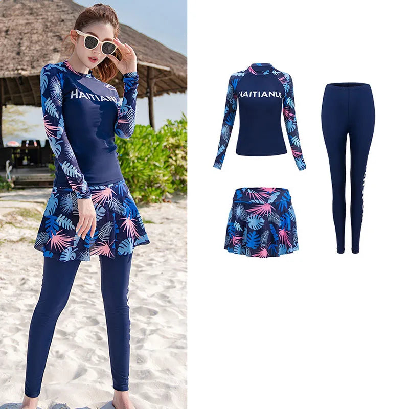 Women's 3pcs/set Printed Long Sleeve Rashguard UV Sun Protection Surf Shirt With Pants Shorts Full Body Bathing Suit Dive Skin