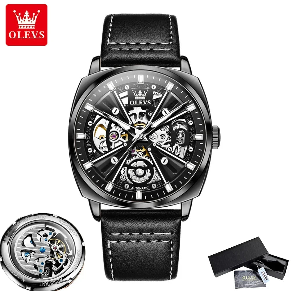 OLEVS Mens Watch Automatic Mechanical Watch Business Leather Strap Tourbillon Watch for Men Waterproof Luminous Wristwatch Clock
