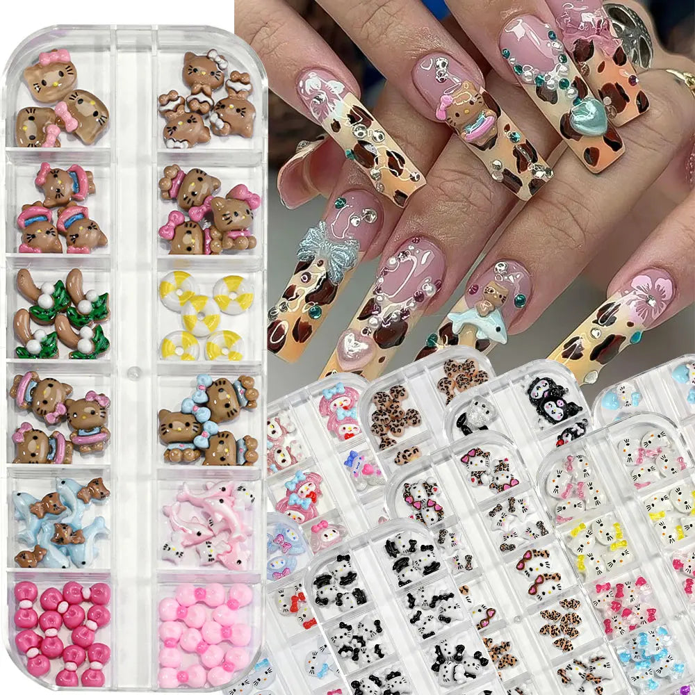 12Grids Summer Black Skin Hello Kitty Nail Charms 3D Pink Bows Hello Kitty Nail Art Rhinestone Cute Cartoon DIY Nail Accessories
