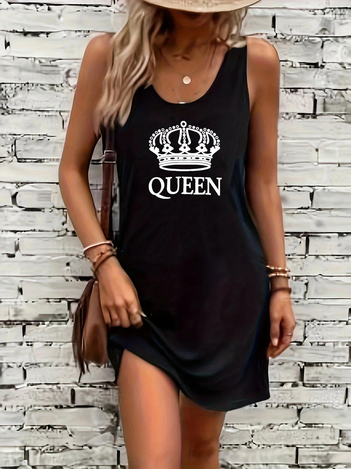 Women's summer loose and comfortable casual it's okay don't worry letter printed black sleeveless vest dress punk style dress