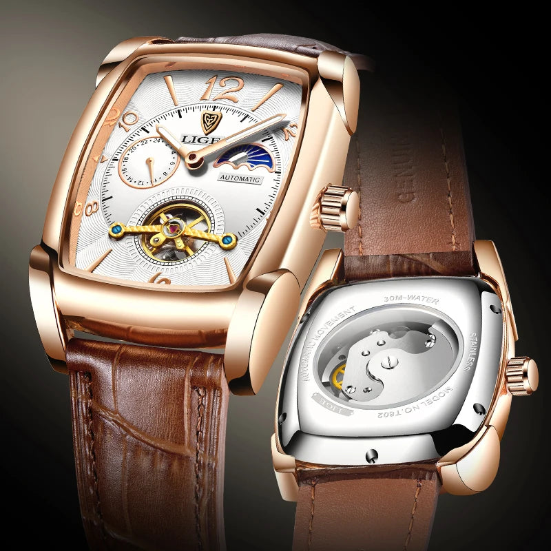 LIGE Fashion Mens Watches Top Brand Luxury Leather Military Waterproof Mechanical Wristwatch Casual Sports Tourbillon Watch Men