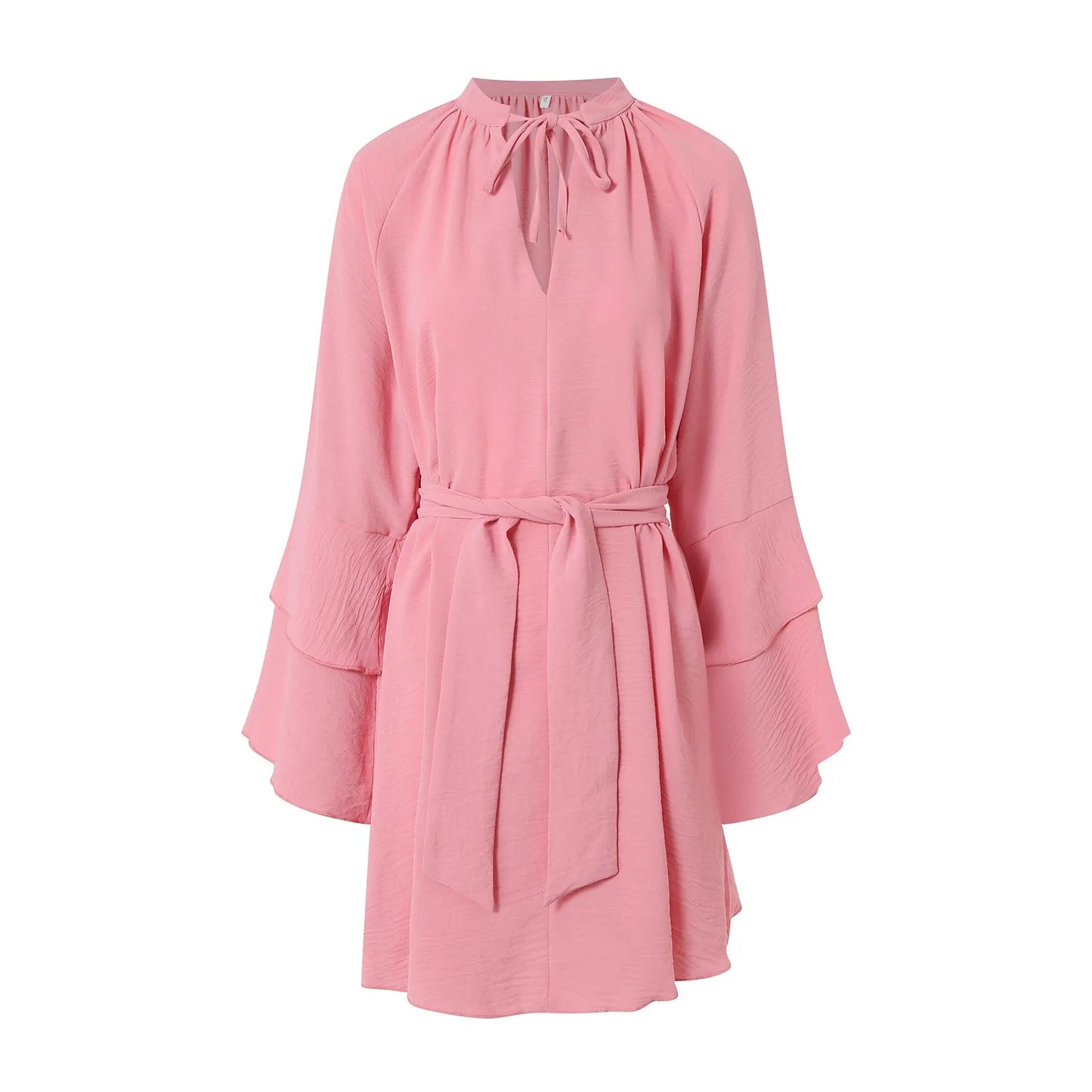 Summer Ruffle Long Sleeve Short Dress For Women Solid Casual V Neck Tie Belt Irregular Mini Dress Lace Up Tiered Beach Dresses