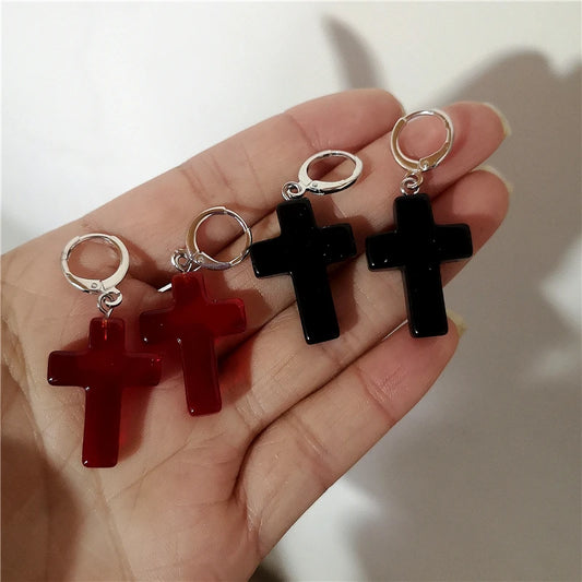 ゴシックパンクヴィンテージブラックレッドクロスガラスペンダントイヤリングレディースメンズグランジ90年代ジュエリーアクセサリーデコレーション新品