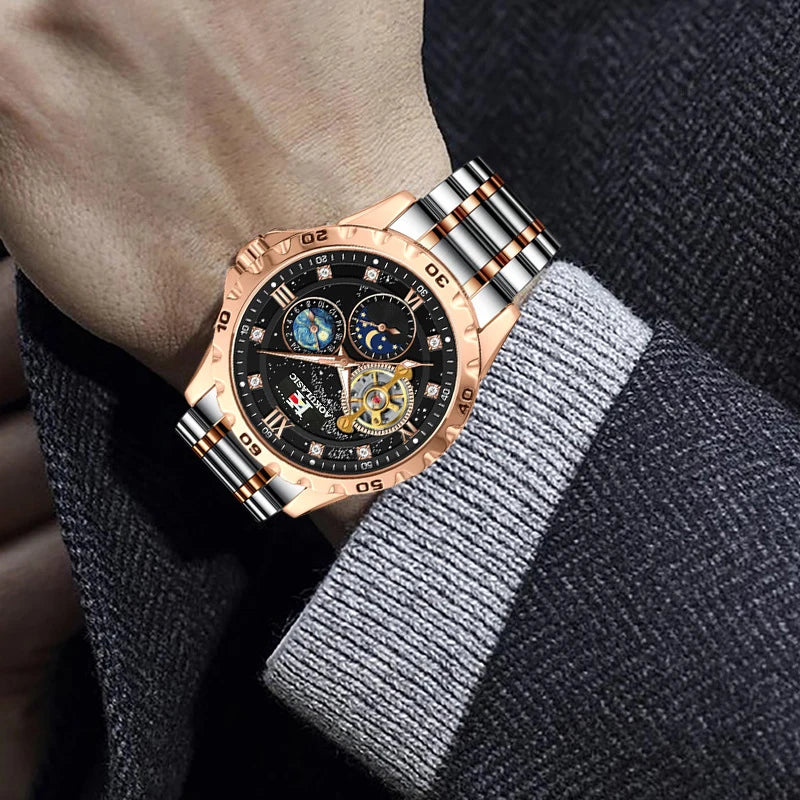 Tourbillon Skeleton Mechanical Watches Starry Sky Moon Phase Diamond Luminous Dial Steel Strap Luxury Brand Automatic Mens Watch