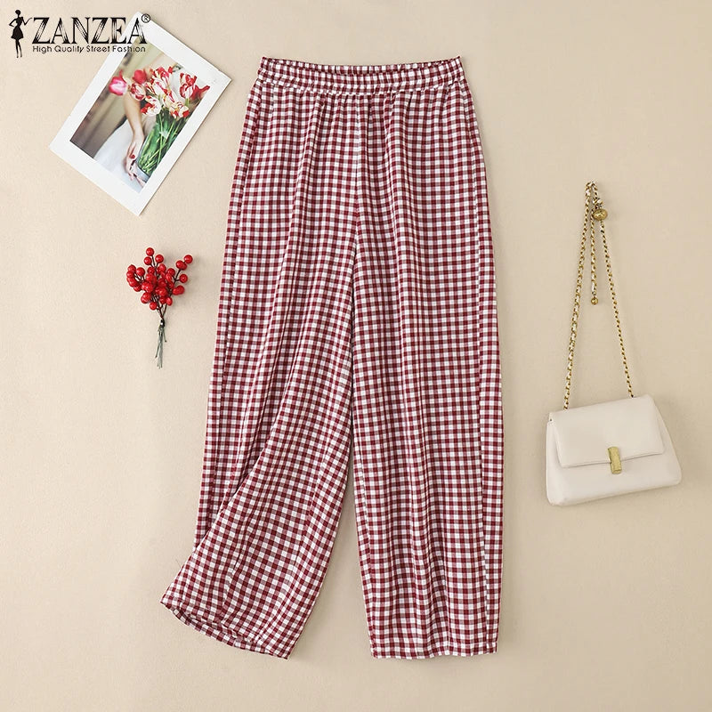ZANZEA 2025 Plaid Pants Women Fashion Lantern Pants Casual Loose Long Trouser Summer Pockets Elastic Waist Bottoms Oversized