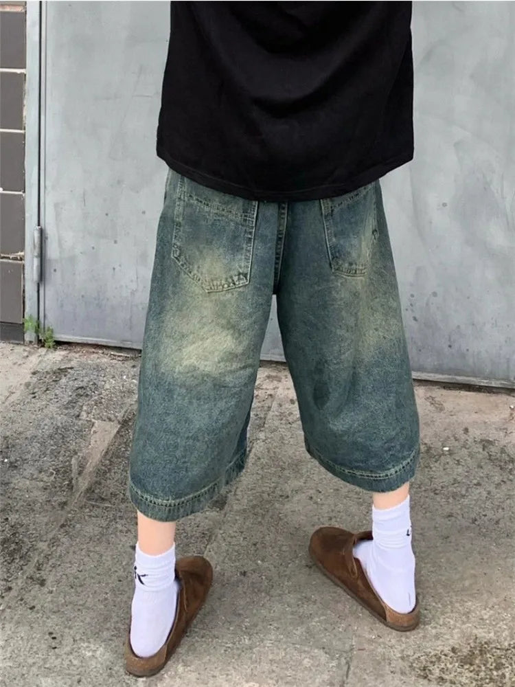Y2K Harajuku High Street Calf-Length Pants High Waist Street Style Baggy Jean For Women Casual Loose Fit Blue Denim Shorts