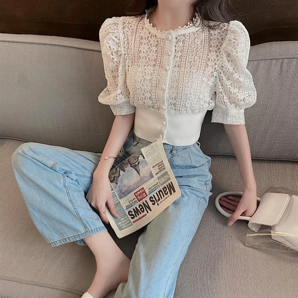 Woherb Sweet Crochet Top Blouse Women Sexy Hollow Out Shirt Vintage Puff Sleeve Korean Shirts Fashion Chic Tops Blusas