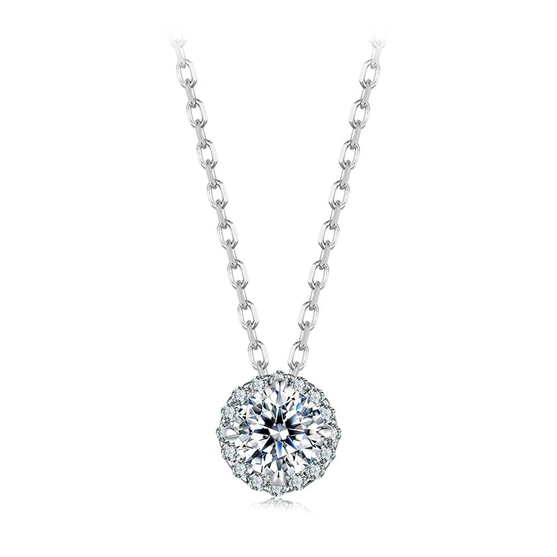 BAMOER 925 Sterling Silver Round Halo Moissanite Necklace, White Gold Plated Classic Elegant Necklace Engagement Jewellry Gift