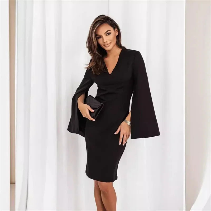 Women Sexy Deep V-neck Hip Wrap Mini Dress Elegant Split Long Sleeve Solid Slim Fit Dress Fashion Hight Waist Draped Party Dress