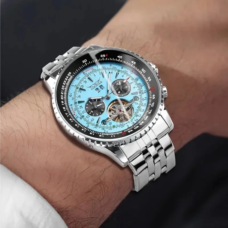 Jaragar 034 Top Brand Retro Blue Automatic Multifunctional Watch Stainless Steel Date Tourbillon Hollow Skeleton Watch Men Watch