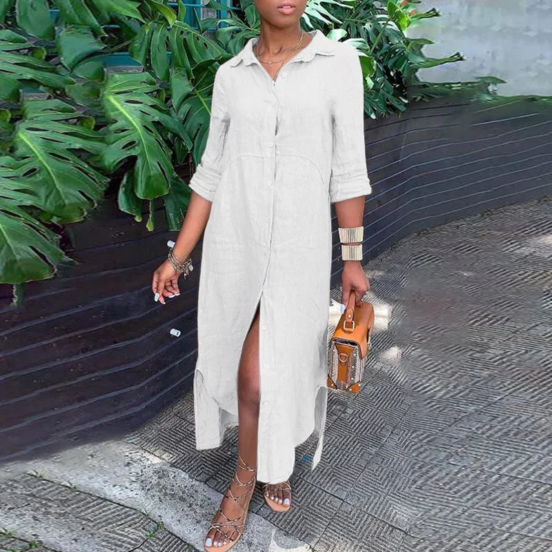 Women Comfortable Casual Cotton Linen Dresses Lapel Single-breasted Cardigan Dress Spring Autumn Long Sleeve Daily Commuter Gown