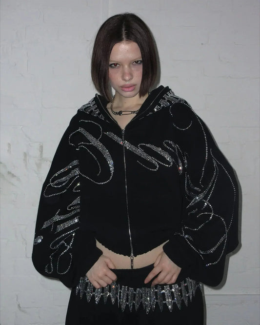 ヴィンテージ 2000年代 クロップド カジュアル ジャケット ヒップホップ レター シャイン ラインストーン オーバーサイズ ジッパー パーカー スウェットシャツ Y2K レディース パーカー