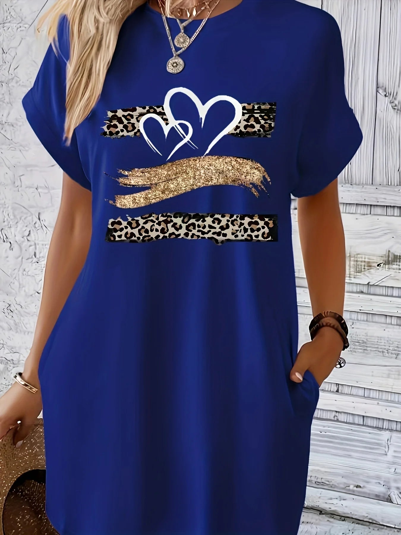 Women'S Casual Knit TShirt Dress with Heart Print Crew Neck Short Sleeve Fashionable Top Black with Colorful Flag Design