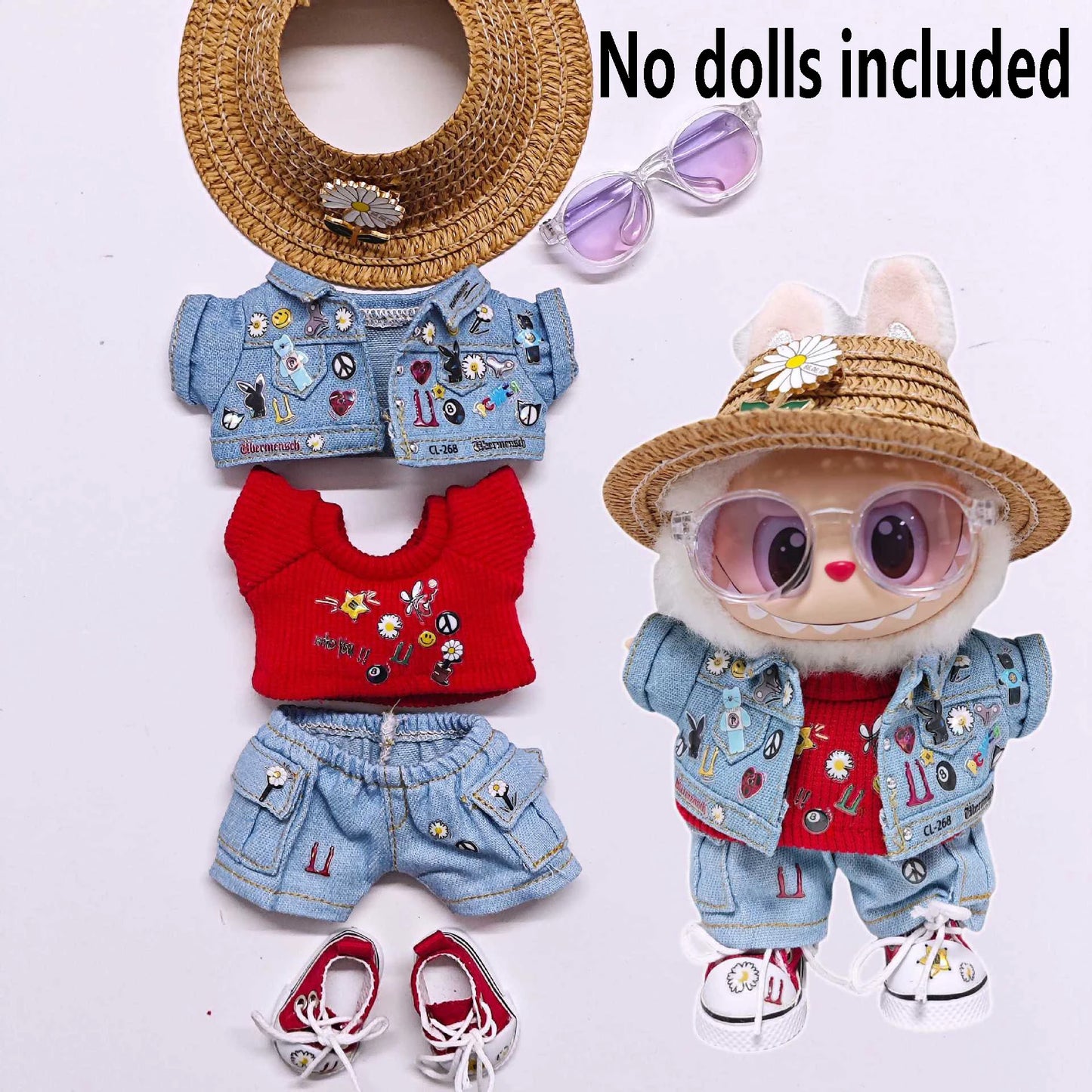 High-quality for Labubu Kids' Clothing 15cm - 17cm Western Denim Clothing and Shoes Set Labubu Universal Clothing