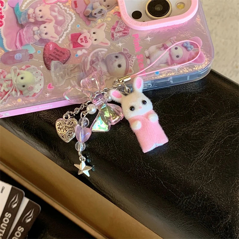 Luxury Laser Rainbow Cute Pink Heart Love Cat Cartoon Phone Case For iPhone 12 13 14 15 16 Pro Max Y2k 3D Furry Cat Doll Lanyard