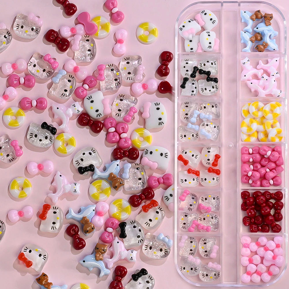 12Grids Summer Black Skin Hello Kitty Nail Charms 3D Pink Bows Hello Kitty Nail Art Rhinestone Cute Cartoon DIY Nail Accessories