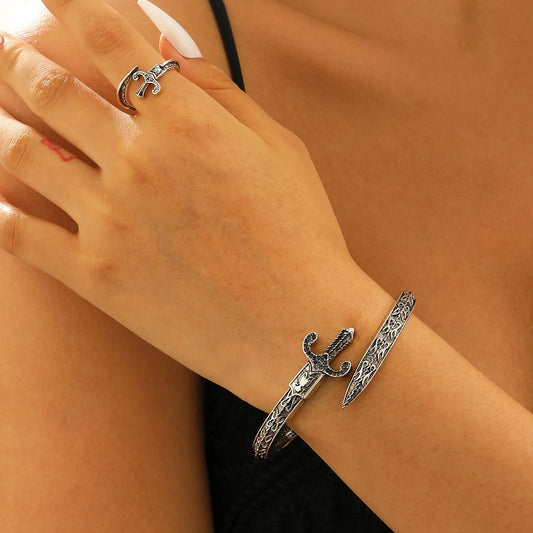 ゴシックソードブレスレット ヴィンテージスタイル スネークモチーフ オープンバングル ジルコン装飾 カップルジュエリー