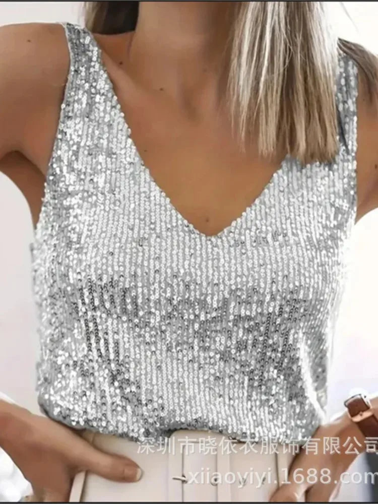 Women Vest Top Sequin Sexy Tops Vests Sleeveless V Neck Backless Camis Elegant Splice Casual Streetwear 2025 Fashion Tanks
